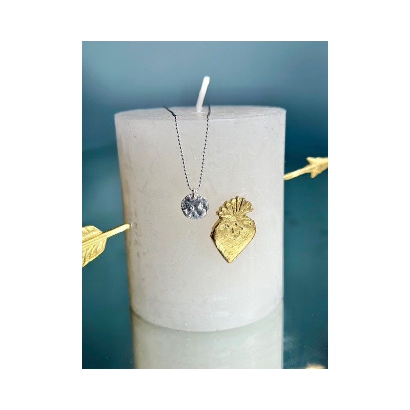 Chaine perlée en argent 925, pendentif rond fossile