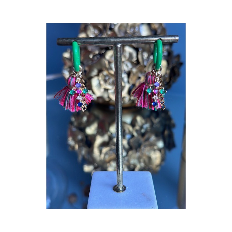 BOUCLES ANNEAUX VERTS FLUO/POMPOM CROIX COLOREE