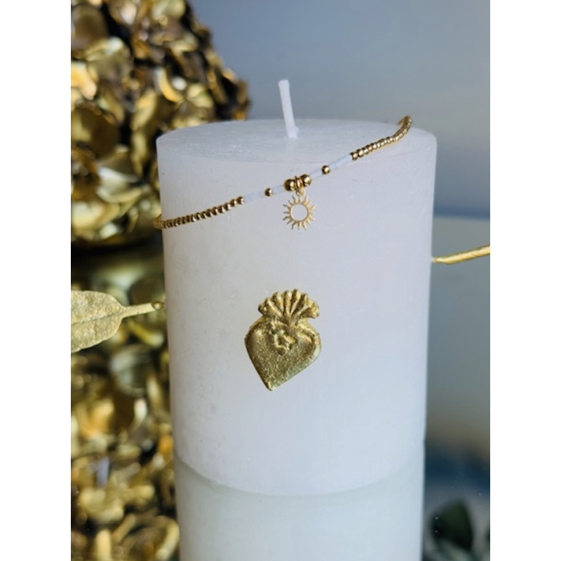 CHEVILLERE SOLEIL PLAQUE OR/PERLES MIYUKI BLANCHES