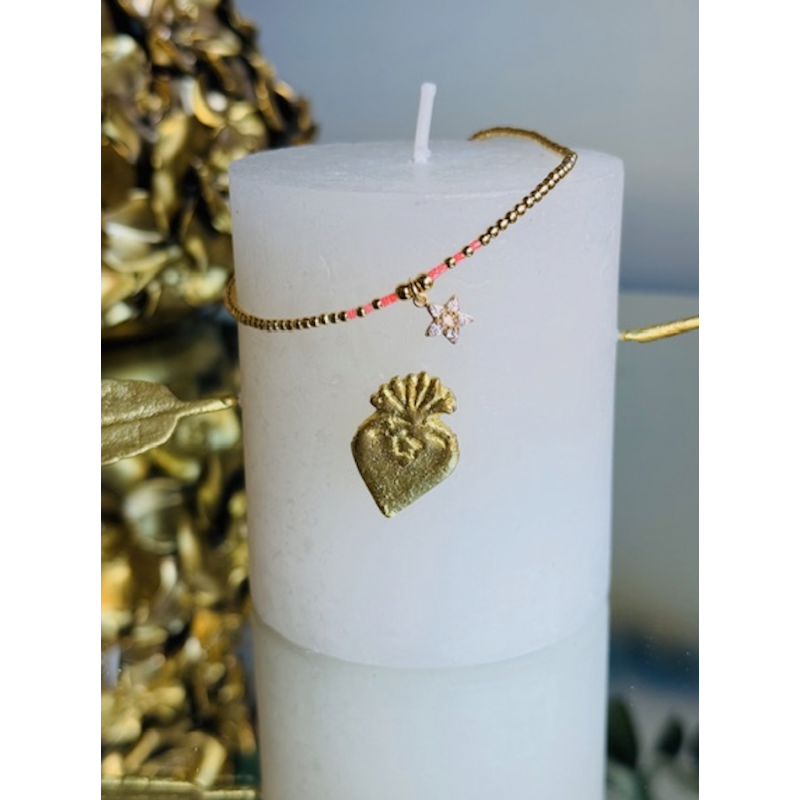 CHEVILLERE ETOILE STRASS PLAQUE OR/PERLES MIYUKI ORANGE FLUO