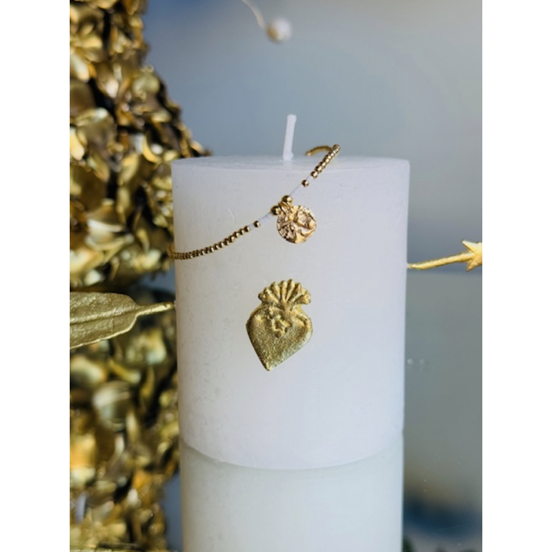 CHEVILLERE MEDAILLE RONDE MARTELEE PLAQUE OR/PERLES MIYUKI BLANCHES