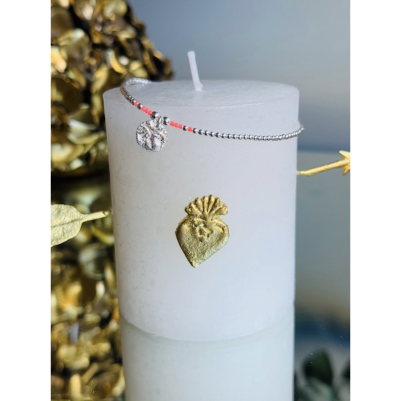 CHEVILLERE PENDENTIF FOSSILE 925/PERLES MIYUKI ORANGE FLUO