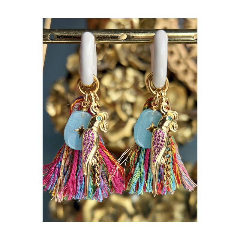 BOUCLES ANNEAUX BLANCS /POMPOM COLORE ET PERROQUET