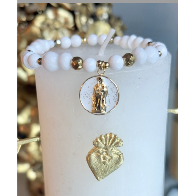 Bracelet en perles de bénitier , pendentif vierge marie blanche