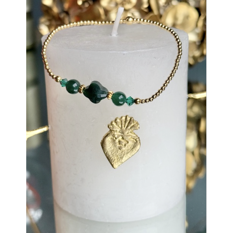 Bracelet fin or , trefle Agatę verte