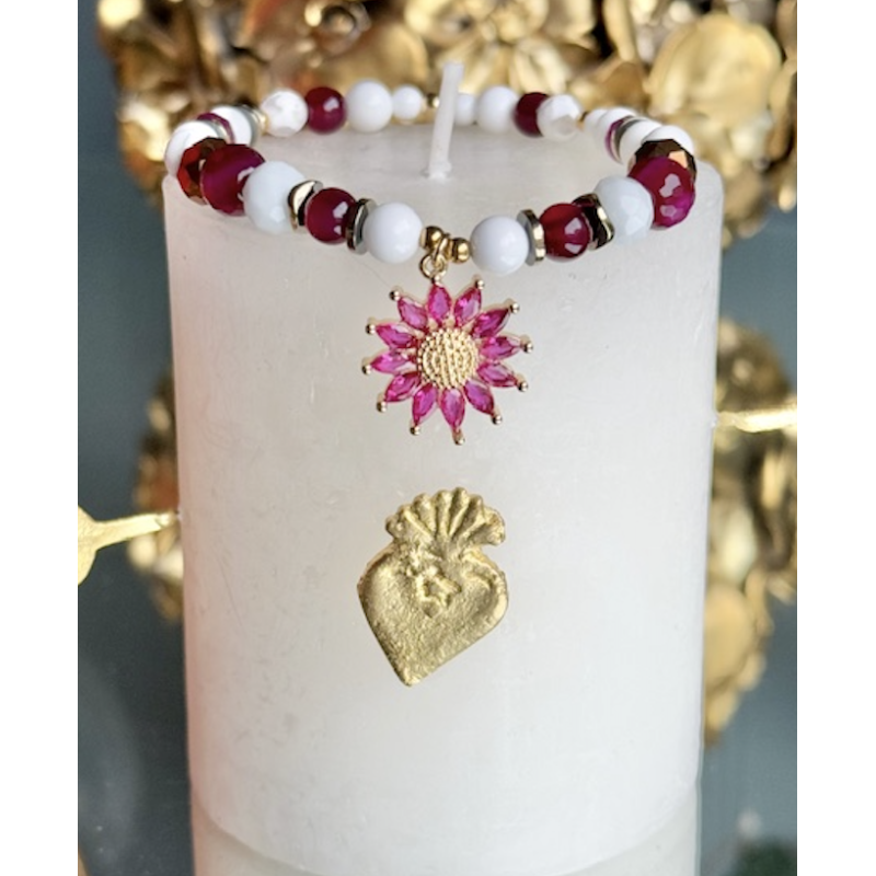 Bracelet en perles de bénitier, agate , pendentif marguerite rose