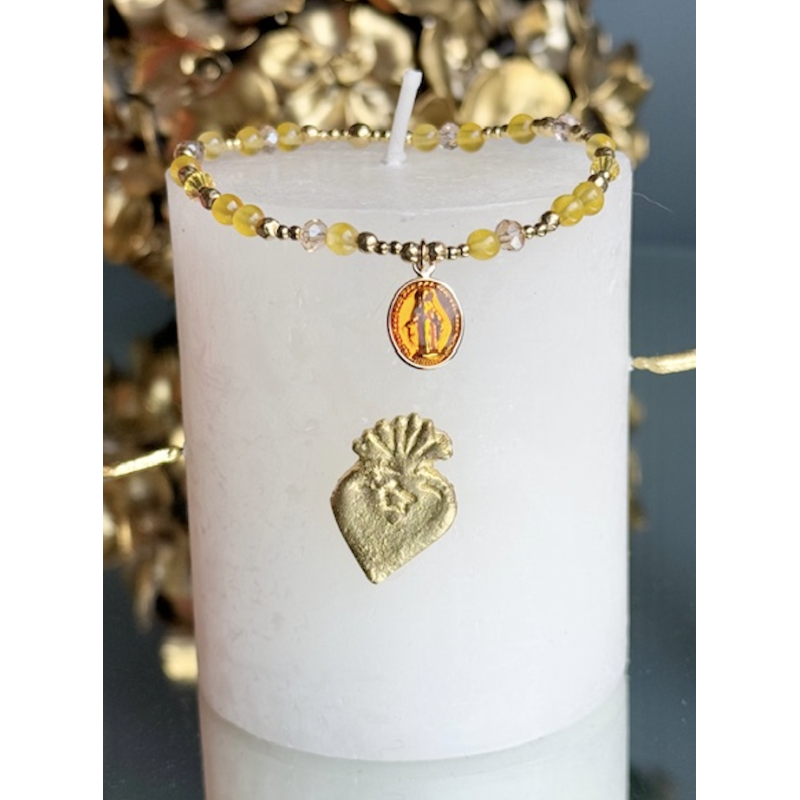 Bracelet fin or , VIERGE MOUTARDE, PERLES JADE