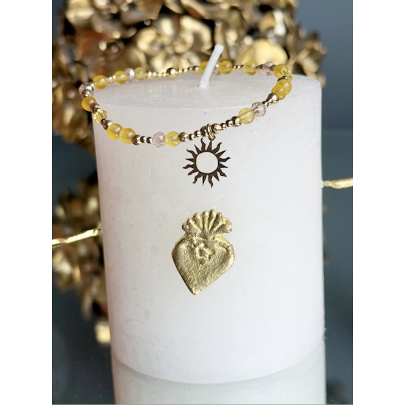 Bracelet fin or , SOLEIL, PERLES JADE ET CRISTAL DE VERRE MOUTARDE