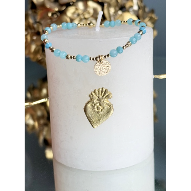 Bracelet fin or , ROND MARTELE, PERLES JADE ET CRISTAL DE VERRE turquoise