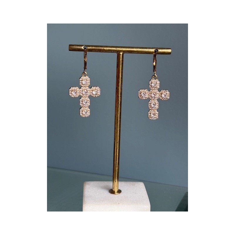 BOUCLES CROIX STRASS BLANCS ( LA PAIRE )