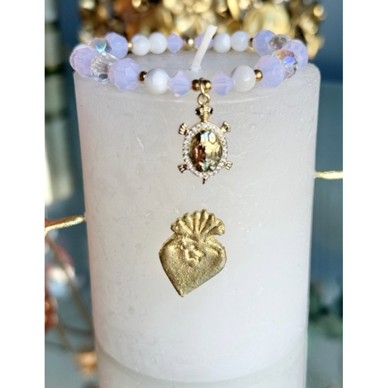 BRACELET TORTUE ROSE ET BLANC PERLES BENITIER/SWAROVSKI ROSE