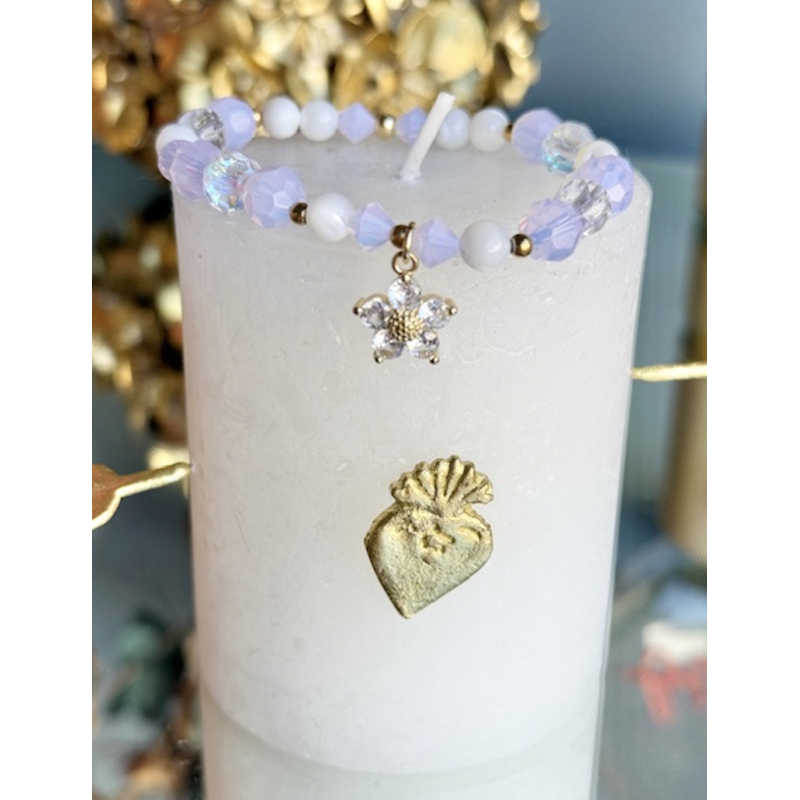 BRACELET FLEUR ROSE ET BLANC PERLES BENITIER/SWAROVSKI ROSE