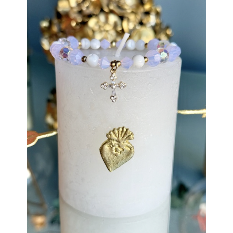 BRACELET CROIX ROSE ET BLANC PERLES BENITIER/SWAROVSKI ROSE