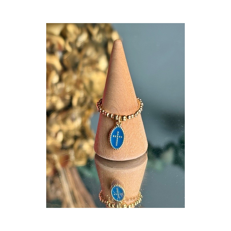BAGUE PERLES PO MEDAILLON CROIX BLEU OU ORANGE