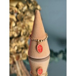 BAGUE PERLES PO MEDAILLON CROIX BLEU OU ORANGE