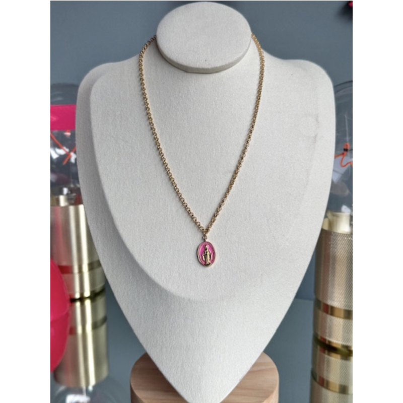 Collier maille "jaseron" maille épaisse vierge rose fluo