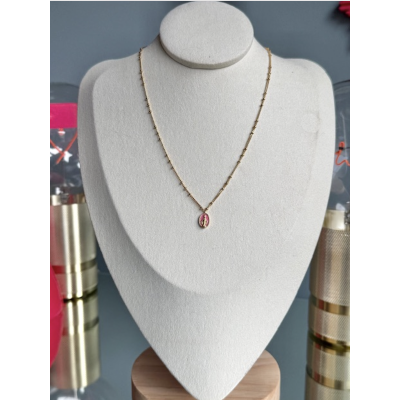 Collier chaine perlée gold filled mini vierge rose fluo