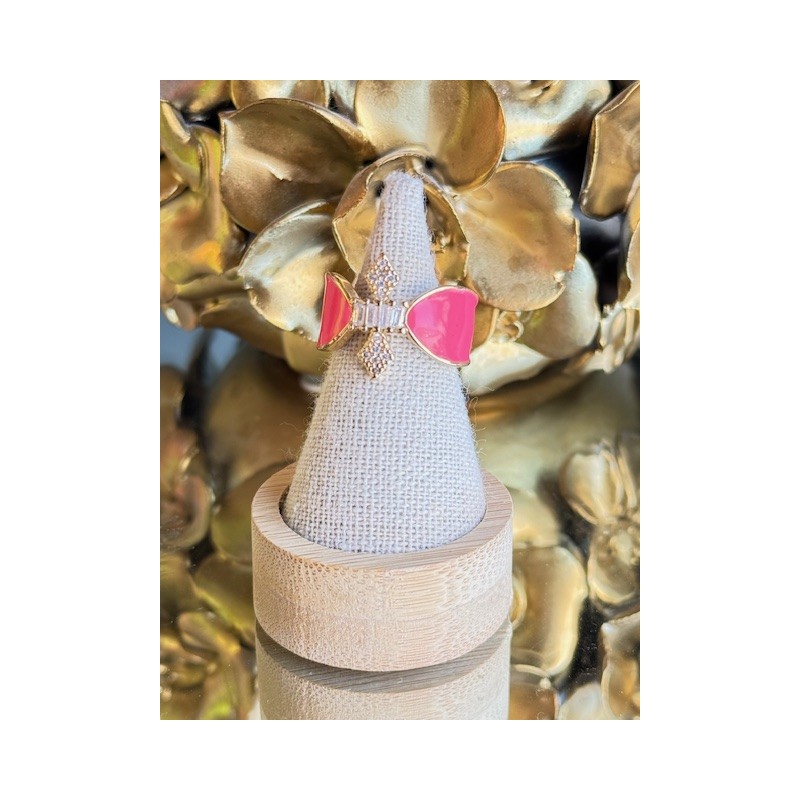 -Bague ajustable noeud rose fluo et strass sublime