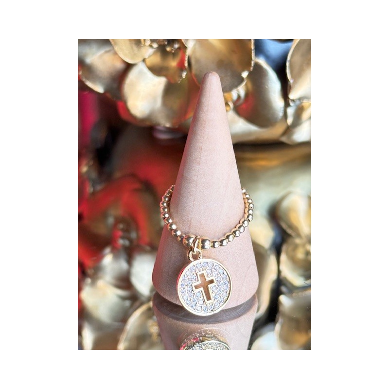 BAGUE PERLES PO médaille ronde croix strass