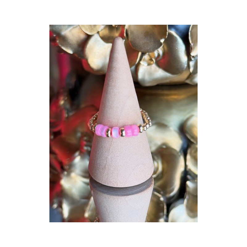 BAGUE PERLE PLAQUE OR ET NACRE RONDELLE ROSE FLUO